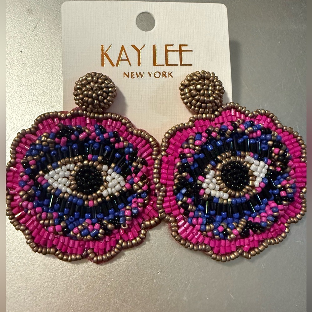 Kay Lee New York Pink and Blue Beaded Eye Earrings
